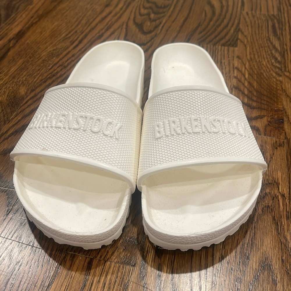White plastic Birkenstock sandals